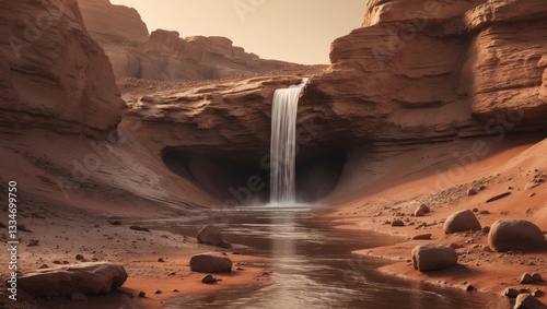 Water falling from mars surface into deep canyon.