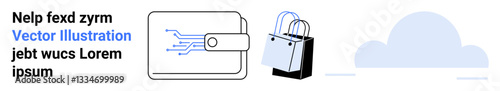 Digital wallet with tech circuit extending from clasp, shopping bags representing e-commerce, and a cloud icon for online storage. Ideal for fintech, e-commerce, data, security, shopping, technology