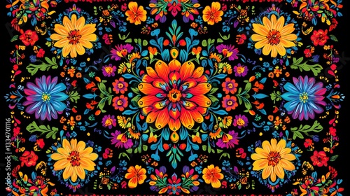 A colorful floral arrangement with a repeating pattern on black