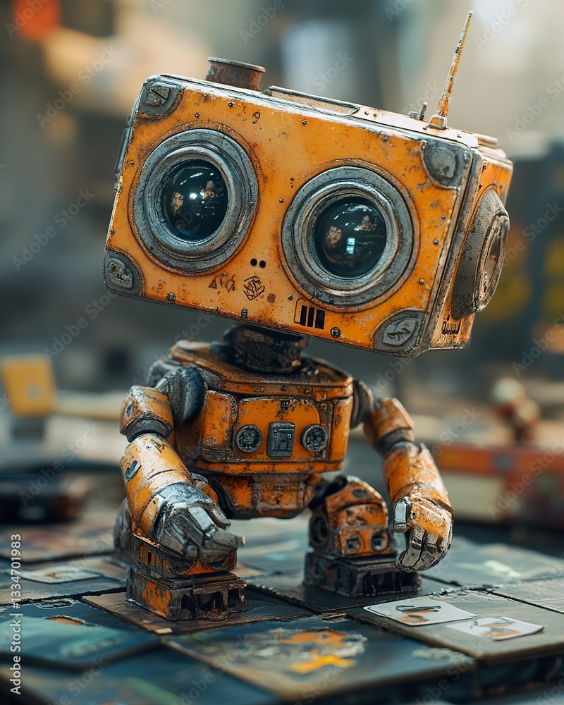 A small orange robot sitting down on a textured surface A small orange robot sitting down on a textured surface