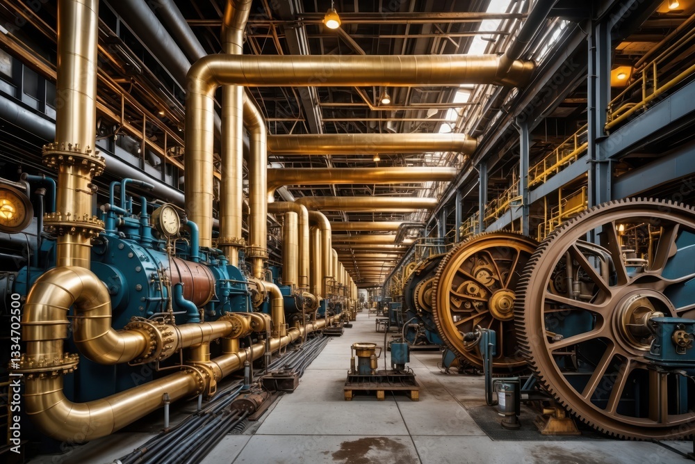 Obraz premium An industrial scene featuring large brass pipes and machinery in a well-lit factory environment, showcasing intricate mechanical designs