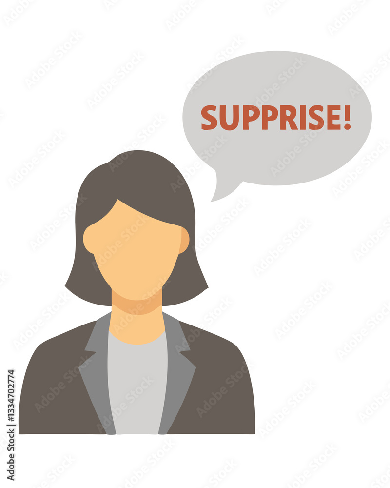 Illustration of a faceless person with short dark hair in a gray blazer, a speech bubble reading SURPRISE, and a solid black background. Illustration of a faceless person with short dark hair in a gray blazer, a speech bubble reading SURPRISE, and a solid black background.
