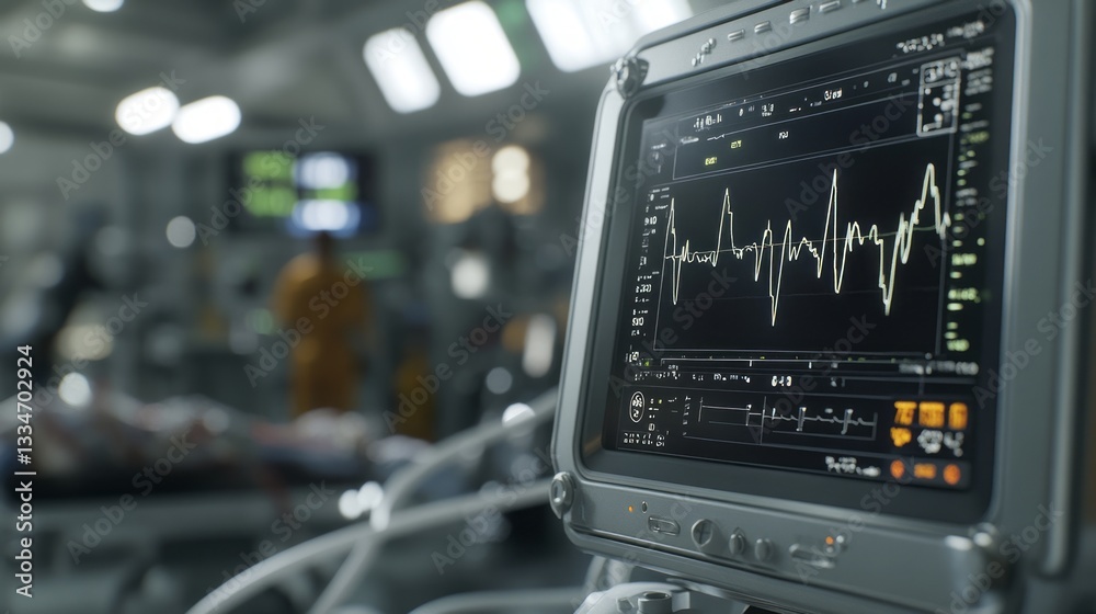 Fototapeta premium an electronic medical monitor displays the life signs in a hospital setting.