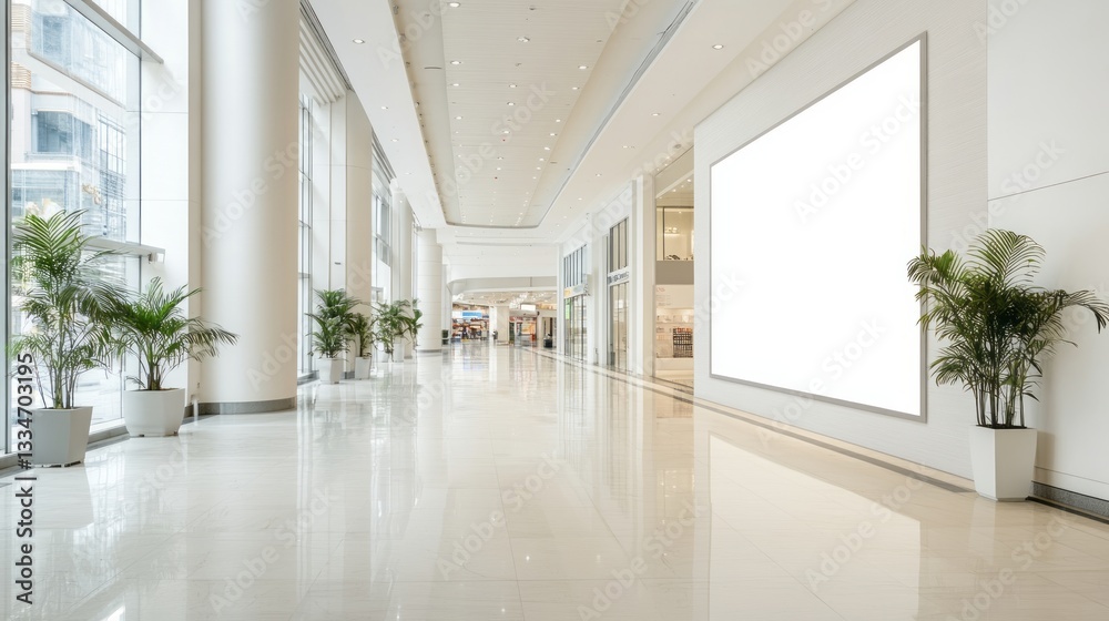 Fototapeta premium a bright and modern shopping mall interior with a large blank advertisement space.