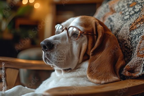 Beagle dog wearing glasses relaxing in wooden chair