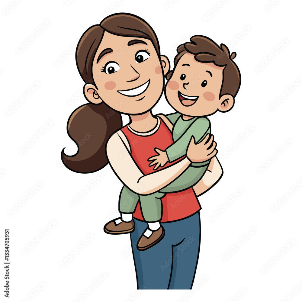 cartoon mom carrying son and both smiling vector illustration with a white background. cartoon mom carrying son and both smiling vector illustration with a white background.