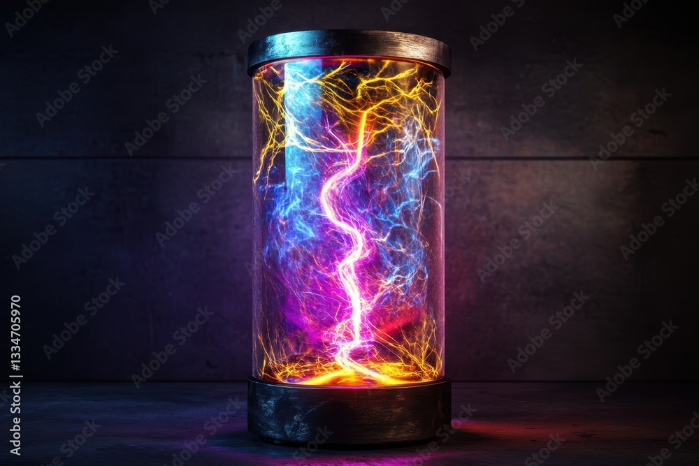 Vibrant electric energy pulse enclosed in a futuristic glass tube with a metal base