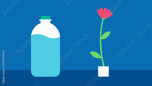 Plastic Bottle and a Flower A wilted flower growing next to a discarded plastic bottle showing the contrast between nature and plastic pollution.