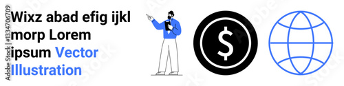 Wallpaper Mural Person presenting using notepad, next to dollar and globe icons symbolizing financial concepts, global reach, and business strategy. Ideal for presentations, branding, finance, global business Torontodigital.ca