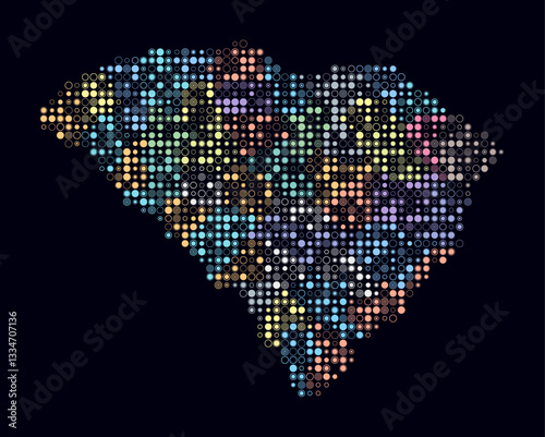 South Carolina, shape of the state built of colored cells. Digital style map of South Carolina on a dark background. Small size circle blocks. Classy vector illustration.