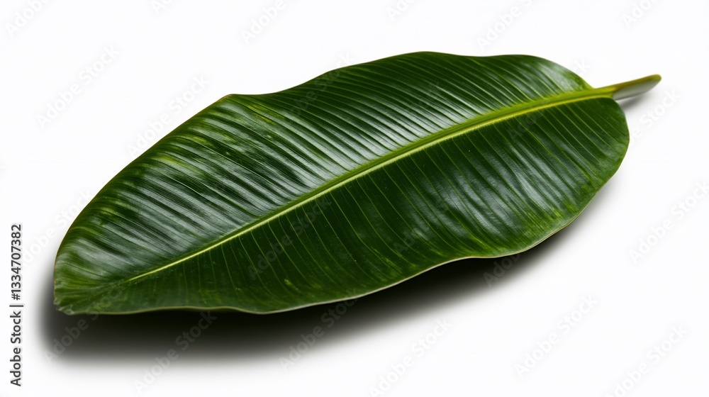 Obraz premium Exotic green banana leaf showing intricate vein patterns on a white surface