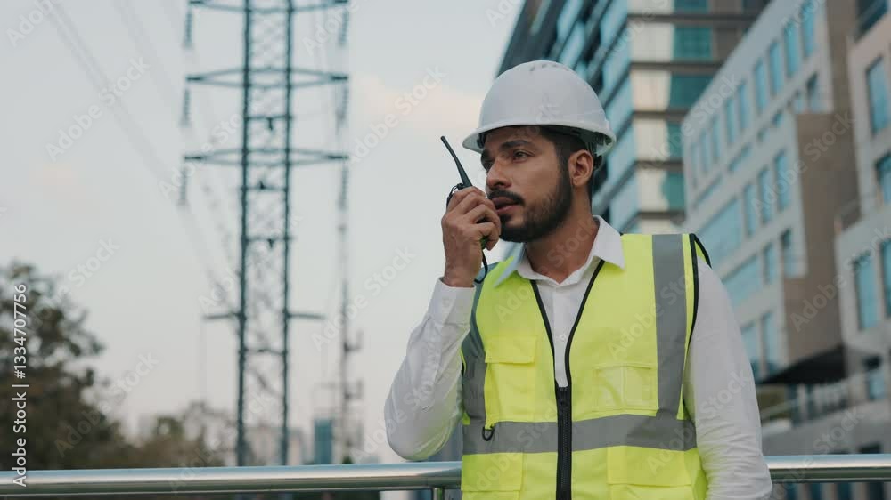 Portrait of foreman giving instructions via portable radio at construction site. Skilled engineer in helmet talks on walkie-talkie standing against buildings and power lines Portrait of foreman giving instructions via portable radio at construction site. Skilled engineer in helmet talks on walkie-talkie standing against buildings and power lines