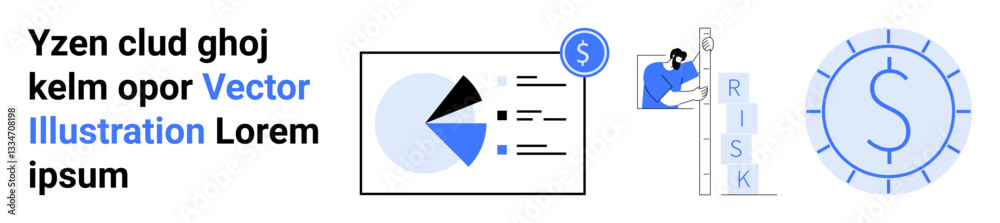 Pie chart, bar graph, person climbing RISK blocks, currency icon. Ideal for finance, investment, strategy, economy, business growth planning simple landing page Pie chart, bar graph, person climbing RISK blocks, currency icon. Ideal for finance, investment, strategy, economy, business growth planning simple landing page