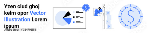 Pie chart, bar graph, person climbing RISK blocks, currency icon. Ideal for finance, investment, strategy, economy, business growth planning simple landing page