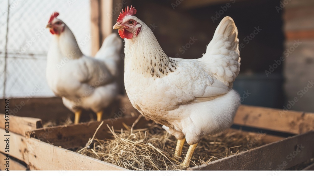 Fototapeta premium White chickens foraging in a rustic coop during daylight, showcasing their natural behavior and environment