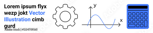 Gear symbol, sinusoidal graph with labeled axes, and a calculator. Ideal for STEM, engineering, data, mathematics, education, technology analytical tools simple landing page