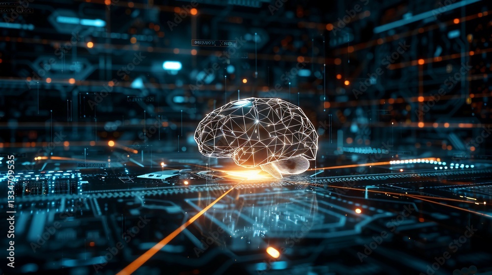 Obraz premium Glowing digital AI brain with intricate neural connections, symbolizing artificial intelligence, technology innovation, and data security concepts.