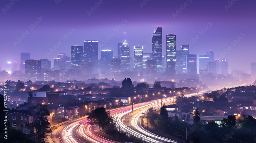 Fototapeta premium Night Cityscape: A Misty Metropolis at Dusk
