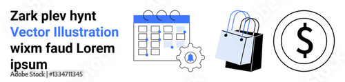 Calendar with highlighted dates, gear icon, shopping bags, and dollar sign for planning, shopping, and financial concepts. Ideal for e-commerce, business, finance scheduling budgeting marketing