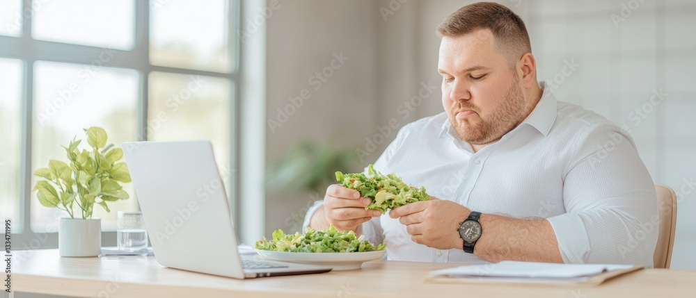 A man examines fresh greens while working on his laptop at a modern desk, surrounded by plants and a bright workspace. A man examines fresh greens while working on his laptop at a modern desk, surrounded by plants and a bright workspace.