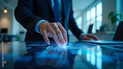 Business Person Analyzing Stock Market Charts and Diagrams: A Visual Representation of Financial Strategy and Analysis with Space for Customization in Stock Photo