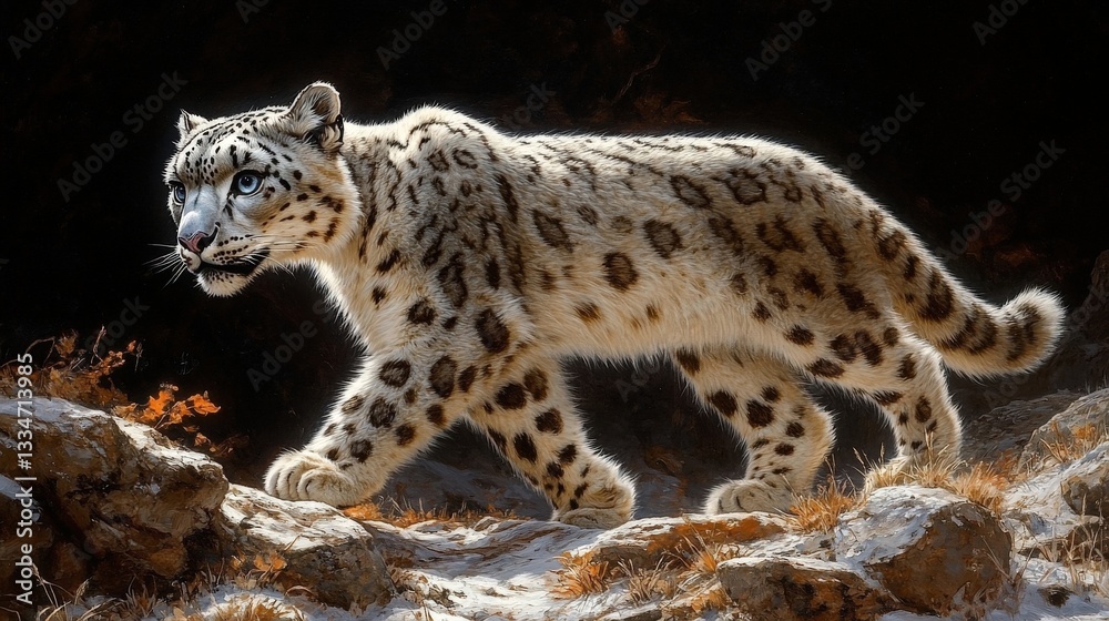 Snow Leopard Walking on Snowy Mountain Terrain with Dark Background Snow Leopard Walking on Snowy Mountain Terrain with Dark Background