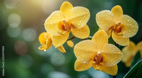Bright yellow orchids with droplets glisten in the morning light in a lush garden