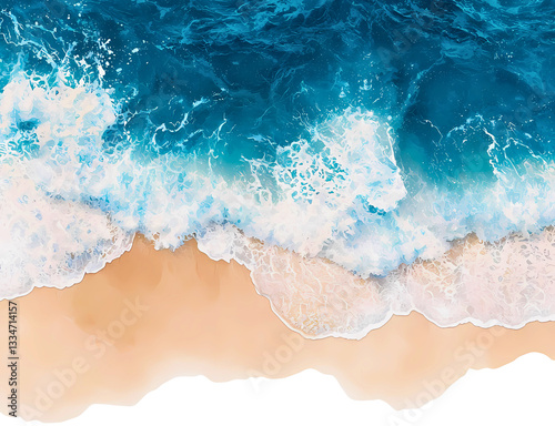 aerial view of a coastline with foamy waves crashing onto a sandy beach.