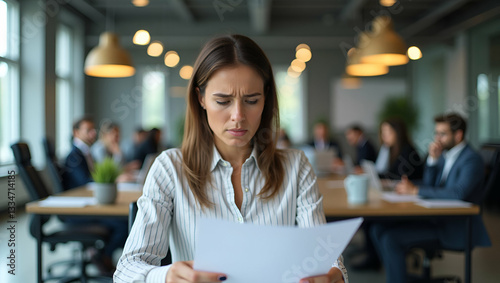 Worried mature professional business woman reading bad news in document at work tired upset busy 40s middle aged businesswoman feeling stress looking at paper bill having problem in office. concept as