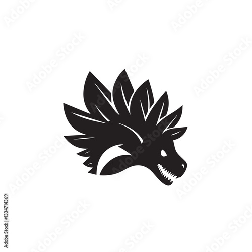black head of a predatory evil dinosaur with spikes on its head on a white background, graphics, vector, logo
