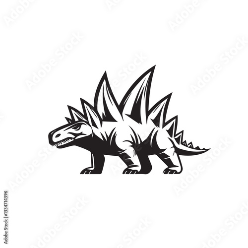 black and white drawing of a predatory evil dinosaur with spikes on its head and back in full growth on a white background, graphics, vector, logo
