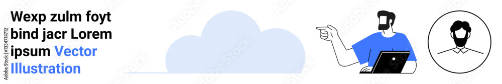 Man in blue shirt pointing at large cloud symbol next to user profile avatar and text sample. Ideal for tech services, cloud computing, user interface, online storage, data sharing, presentations Man in blue shirt pointing at large cloud symbol next to user profile avatar and text sample. Ideal for tech services, cloud computing, user interface, online storage, data sharing, presentations