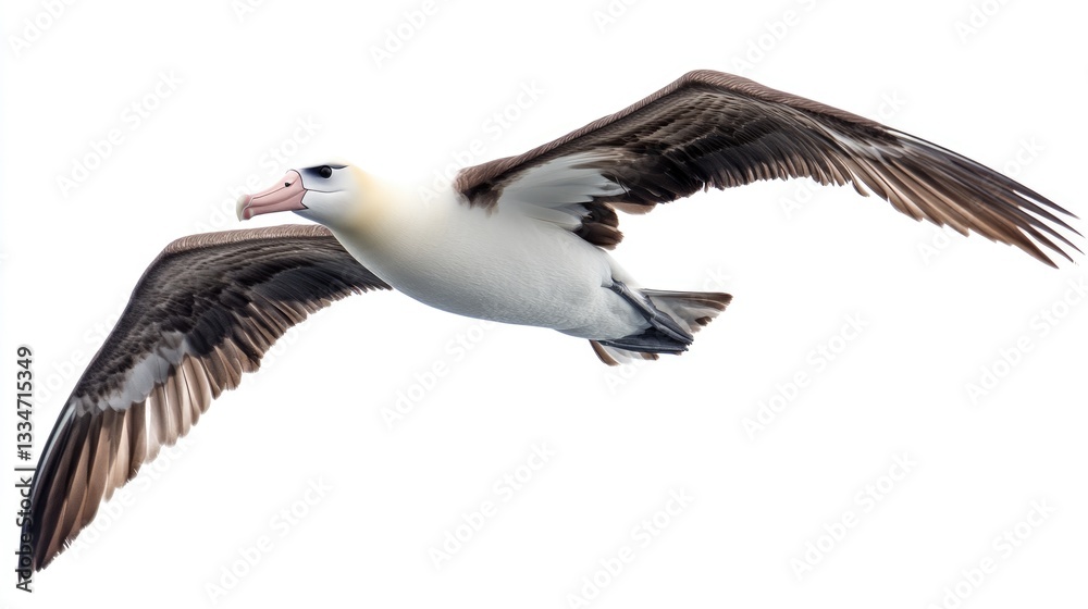 Naklejka premium Majestic Albatross in Flight Against a White Canvas - A Rare Bird from Kauai's Pacific Ocean