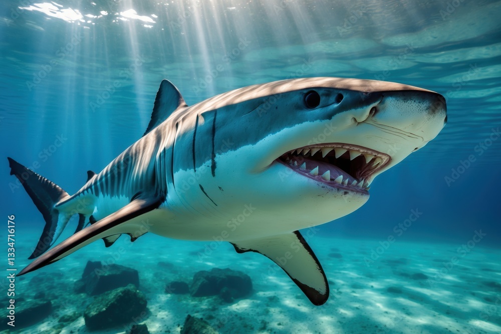 Fototapeta premium Close-up view of a shark swimming underwater with sunlight streaming through the surface, showcasing its sharp teeth and streamlined body