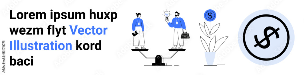 Two individuals weigh ideas and financial gains on a balance scale, symbolizing decision-making and value assessment. Ideal for business strategy, investment, finance, growth, innovation, team Two individuals weigh ideas and financial gains on a balance scale, symbolizing decision-making and value assessment. Ideal for business strategy, investment, finance, growth, innovation, team