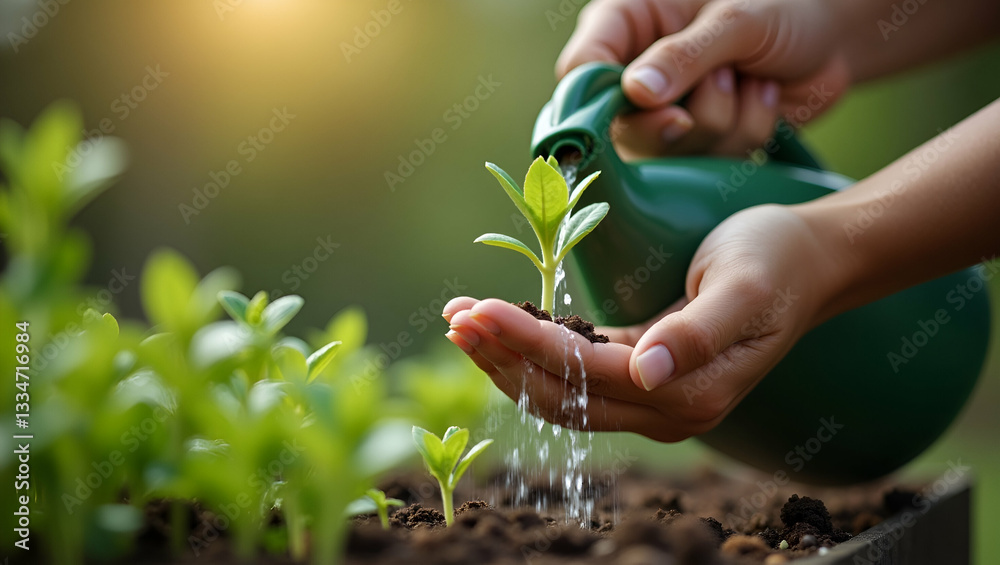 Fototapeta premium Close up woman hand watering a green young plant illustrating gardening plant care and sustainable living concept as Close up of a womans hand watering a young green plant illustrating gardening plant