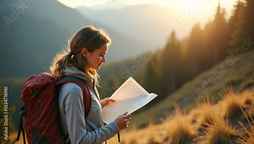 Young woman backpacker hiker reading map hiking trip looking away to find place to go adventure holiday concept as Young female backpacker and hiker reading a map during a hiking trip looking away to 