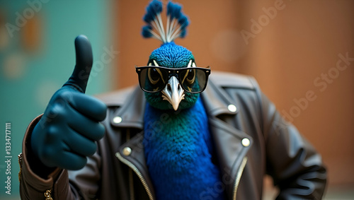Flat Cool peacock wearing sunglasses and leather jacket giving thumbs up symbolizing trendy confident and stylish vibes concept as Stylish peacock adorned with sunglasses and leather jacket giving thu
