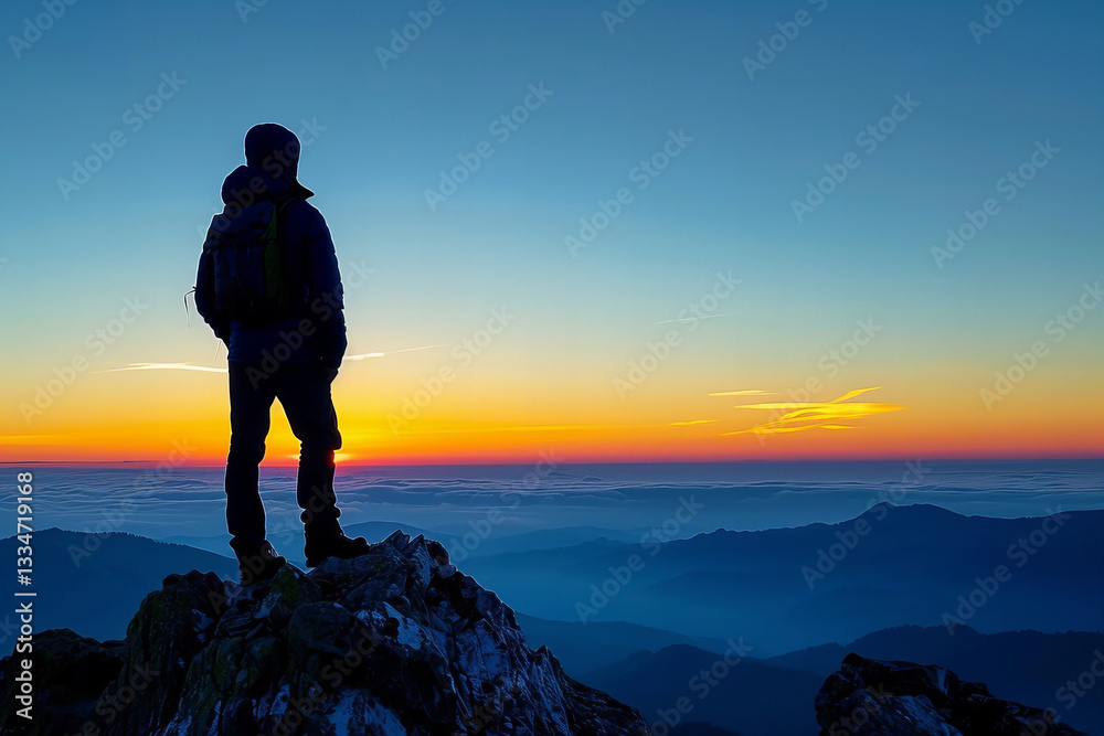 Silhouetted Figure on Mountain Summit at Sunrise, Gazing at Expansive Landscape Ahead. Silhouetted Figure on Mountain Summit at Sunrise, Gazing at Expansive Landscape Ahead.