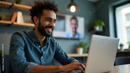 Flat Vector Illustration of a Happy Indian Professional Young Adult Man Engaged in a Virtual Business Meeting, Enjoying Online Webinars and Remote Training on His Laptop