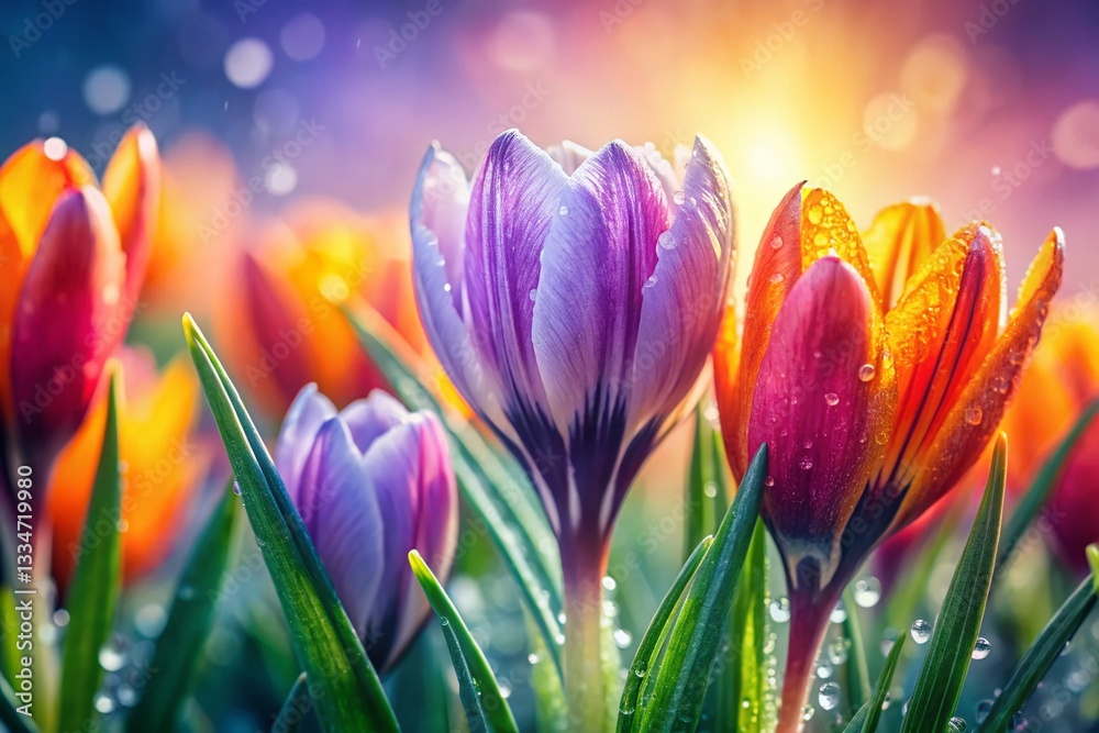 Fototapeta premium Tiny Tulips and Crocus Spring Flowers Macro Photography
