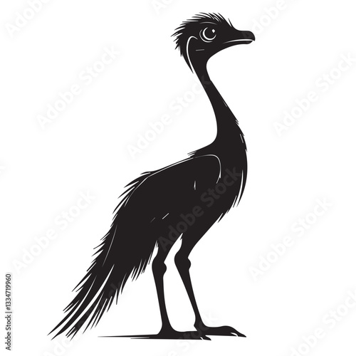 black and white image of an ostrich bird in full growth, graphics, vector, logo
