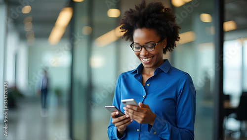 Busy happy African American business woman company employee or executive manager wearing blue shirt holding cellphone using mobile cell phone working on smartphone in office concept as African America