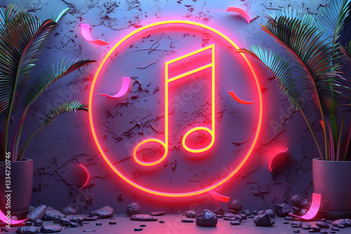 Glowing 3D Neon Music Note with Light Effects on Gradient Background