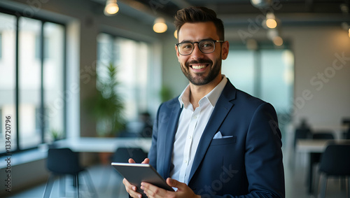 Smiling Latin Male Project Manager in Office Using Tablet - Professional Portrait with Space for Text