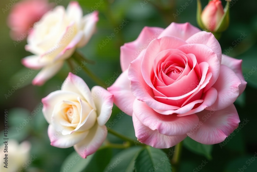 Close-up of beautiful white and pink roses in full bloom, summer, flowers, spring