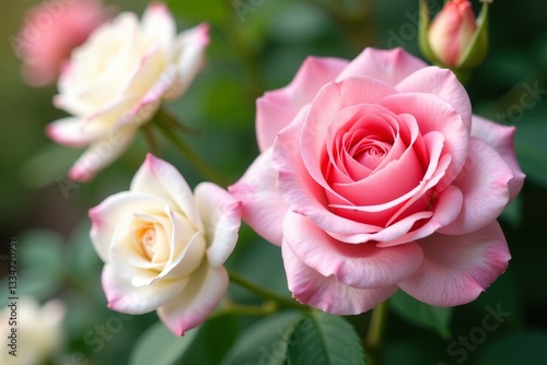 Close-up of beautiful white and pink roses in full bloom, summer, flowers, spring