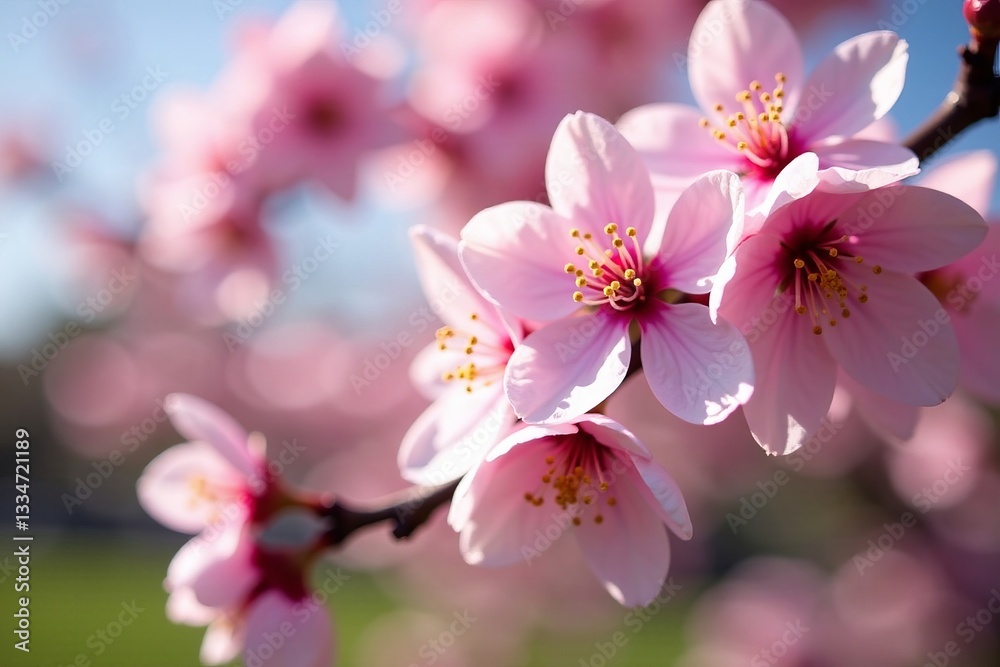 Fototapeta premium Close-up of blooming cherry blossoms in a spring garden, petals, pink, bloom