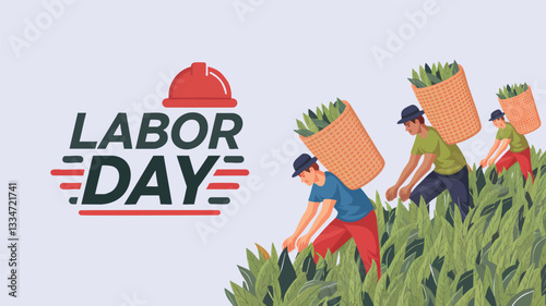 A vibrant illustration depicting three workers harvesting tea leaves, carrying baskets on their backs, against a backdrop of a lush tea plantation