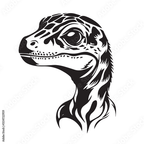 beautiful spotted dinosaur head, black and white image, graphic, vector, logo
